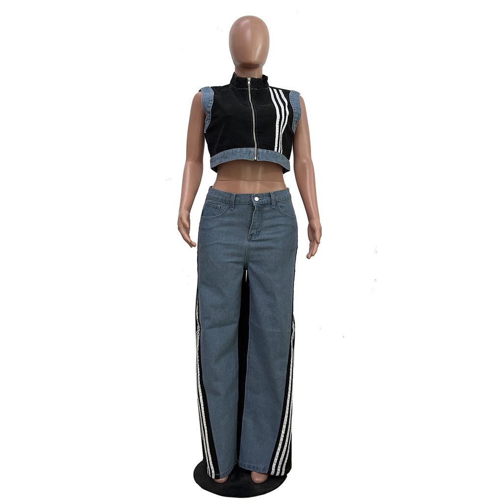 Zip Denim Top and Wide Leg Pants Set - Black