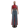 Zip Denim Top and Wide Leg Pants Set - Red