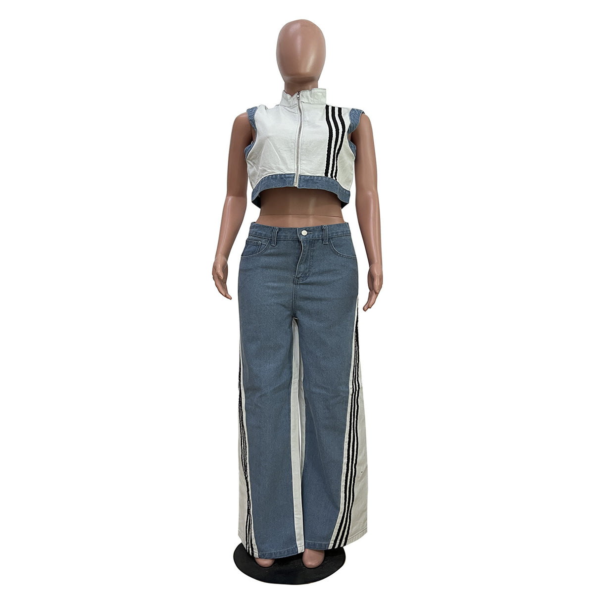 Zip Denim Top and Wide Leg Pants Set - White