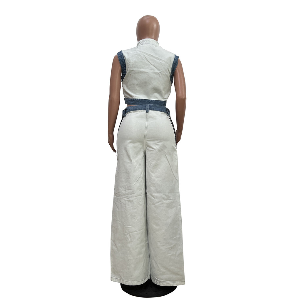 Zip Denim Top and Wide Leg Pants Set - White - 1