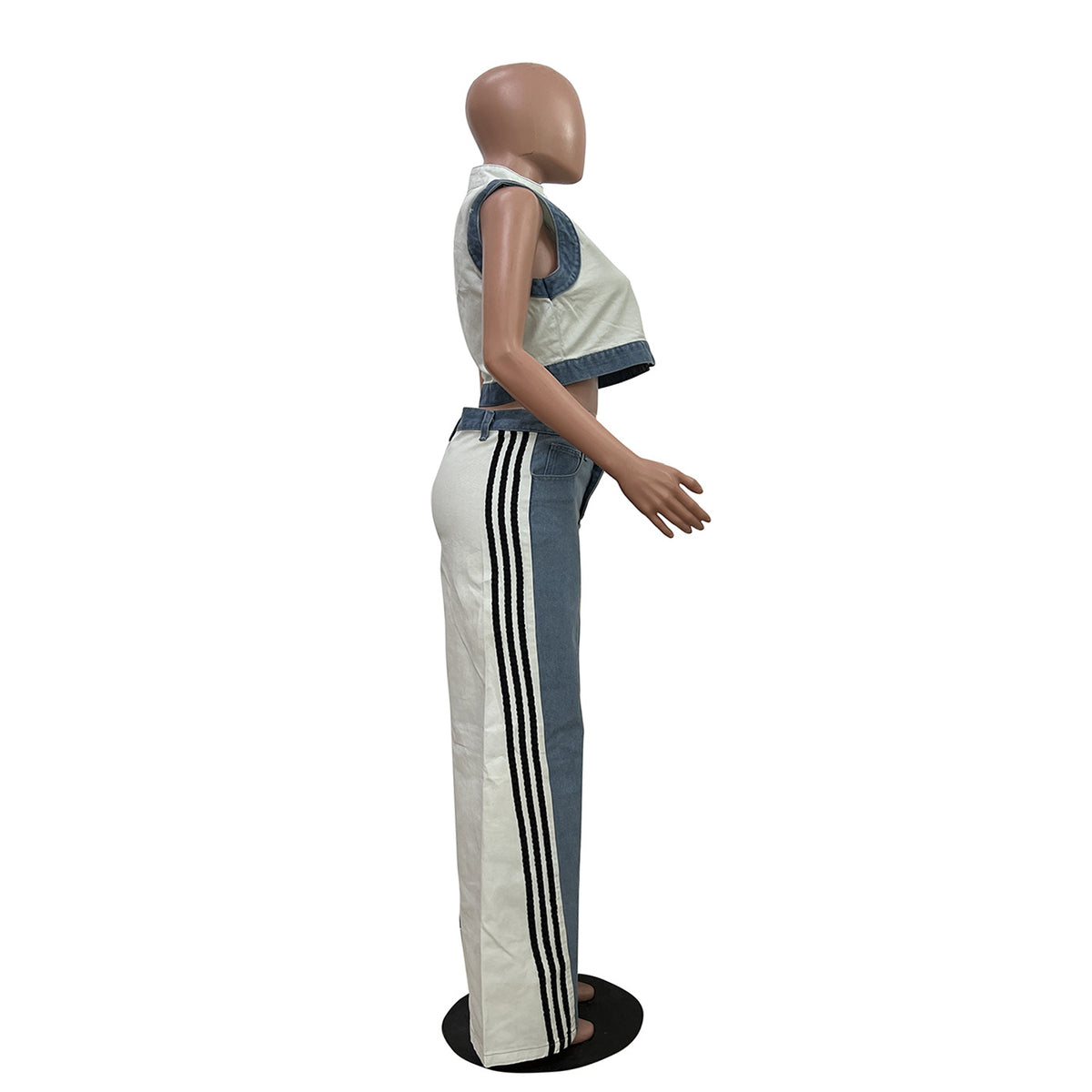 Zip Denim Top and Wide Leg Pants Set - White - 2
