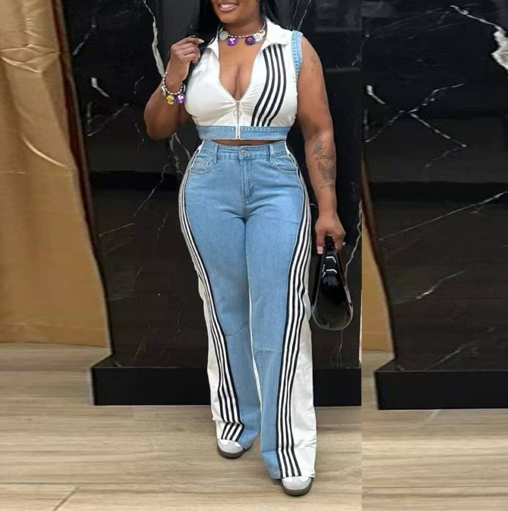 Zip Denim Top and Wide Leg Pants Set
