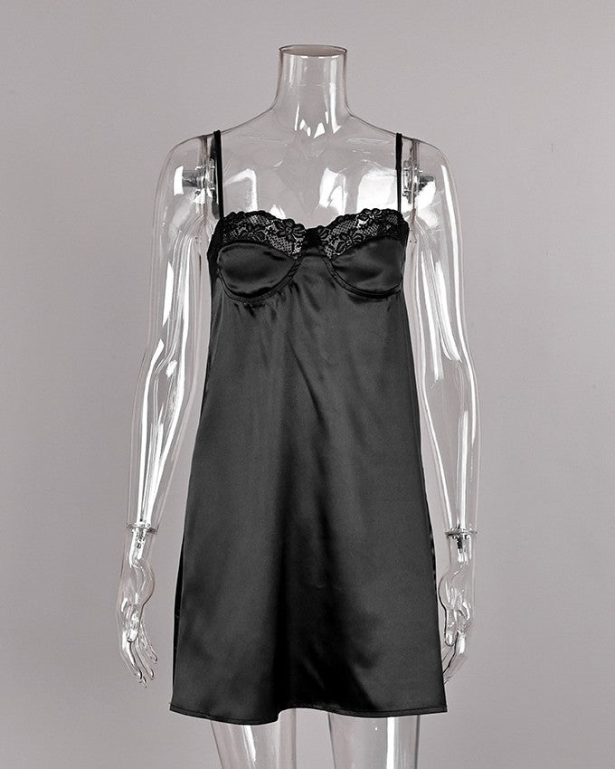 Satin Slip Nightgown With Lace Bust Detail - Black