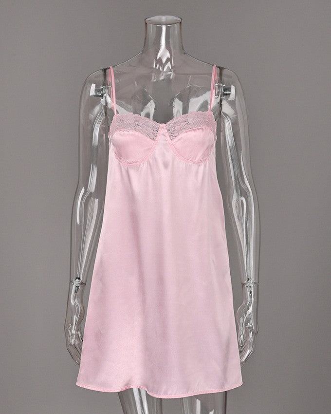 Satin Slip Nightgown With Lace Bust Detail - Pink - 1