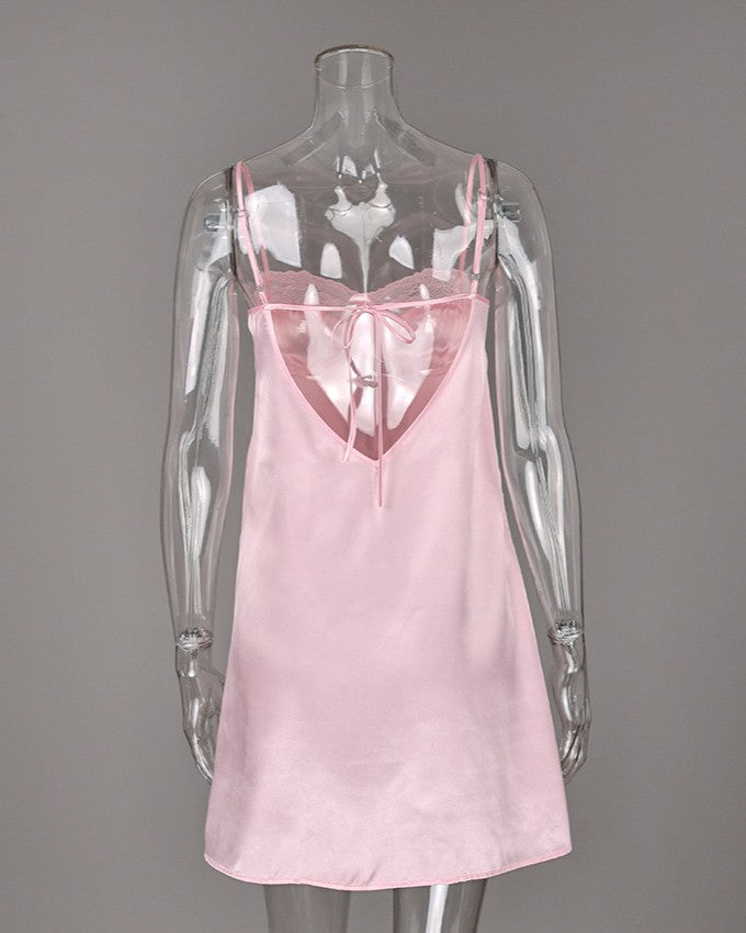 Satin Slip Nightgown With Lace Bust Detail - Pink - 2
