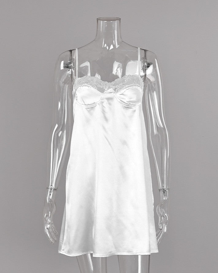 Satin Slip Nightgown With Lace Bust Detail - White
