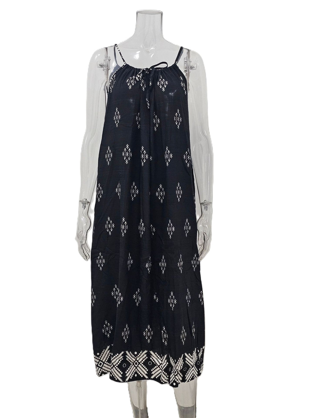 Boho Diamond Print Sleeveless Maxi Dress - Black