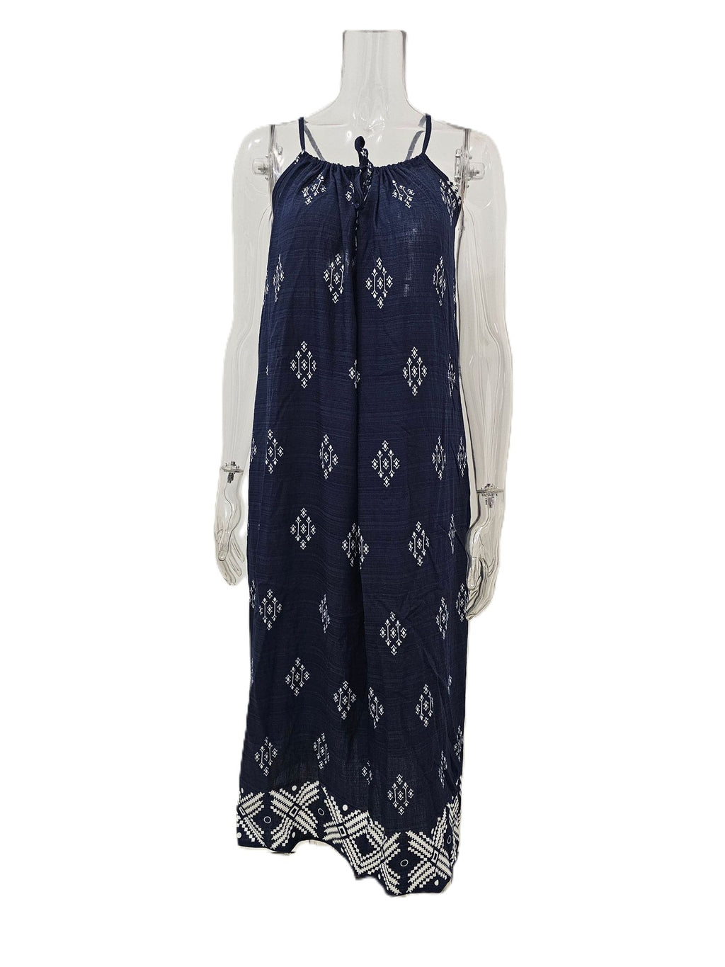 Boho Diamond Print Sleeveless Maxi Dress - Navyblue