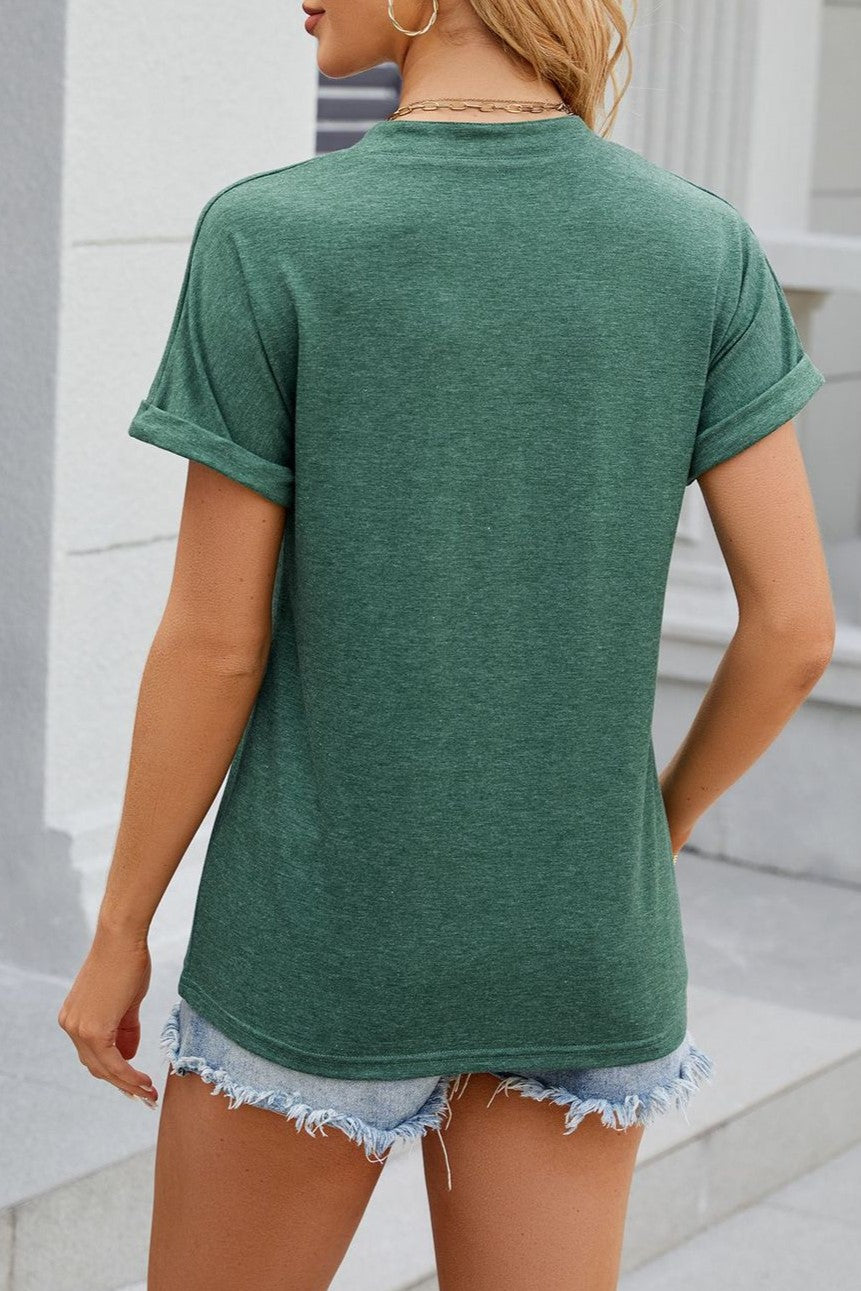 Notch Neck Button Placket Dolman Tee - Green - 2