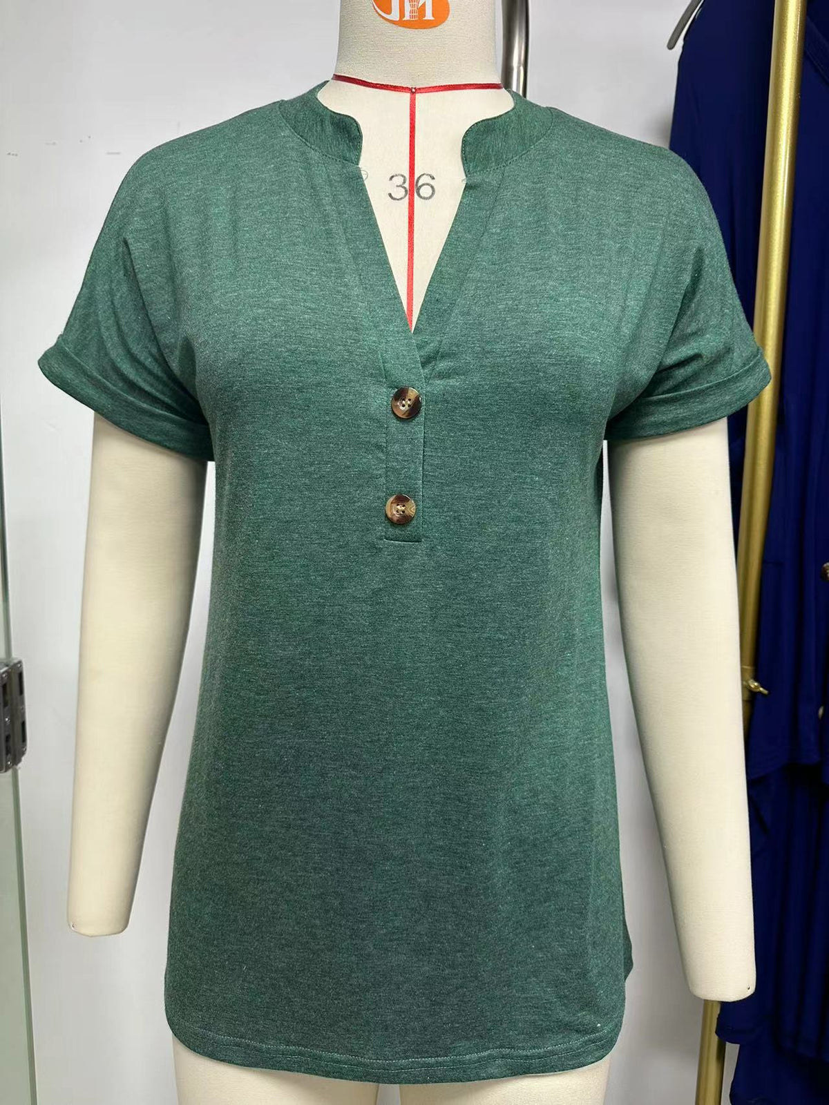 Notch Neck Button Placket Dolman Tee - Green - 3