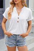 Notch Neck Button Placket Dolman Tee - White