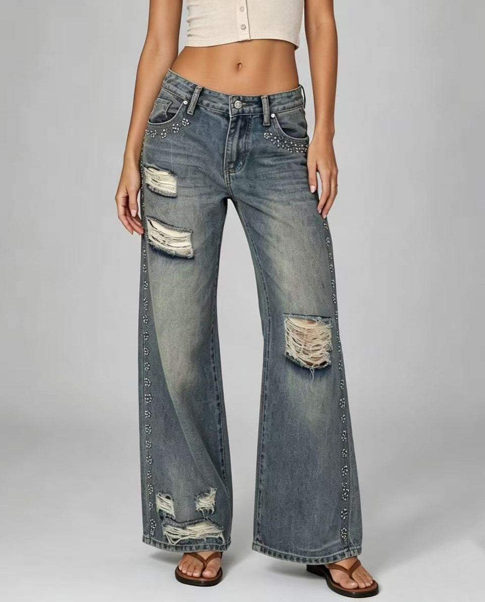 Distressed Low Rise Baggy Jeans with Faded Wash - Blue