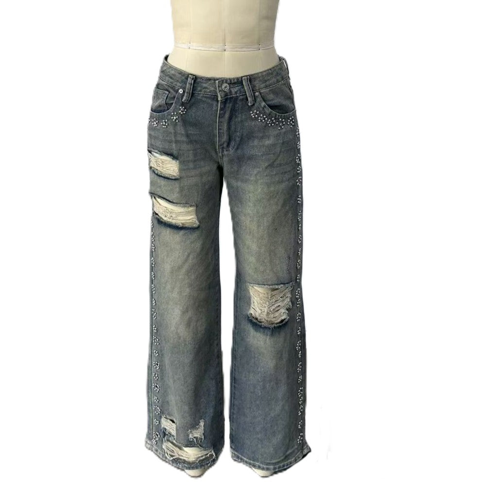 Distressed Low Rise Baggy Jeans with Faded Wash - Blue - 1