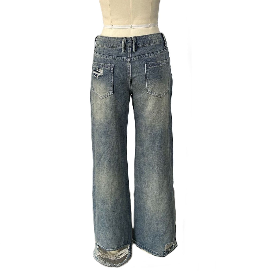 Distressed Low Rise Baggy Jeans with Faded Wash - Blue - 2