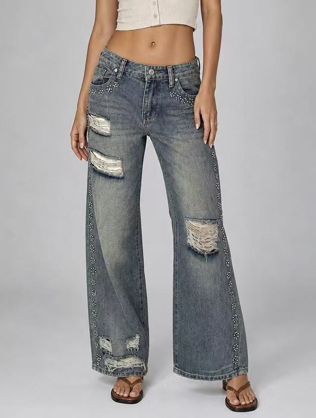 Distressed Low Rise Baggy Jeans with Faded Wash - Blue - 3