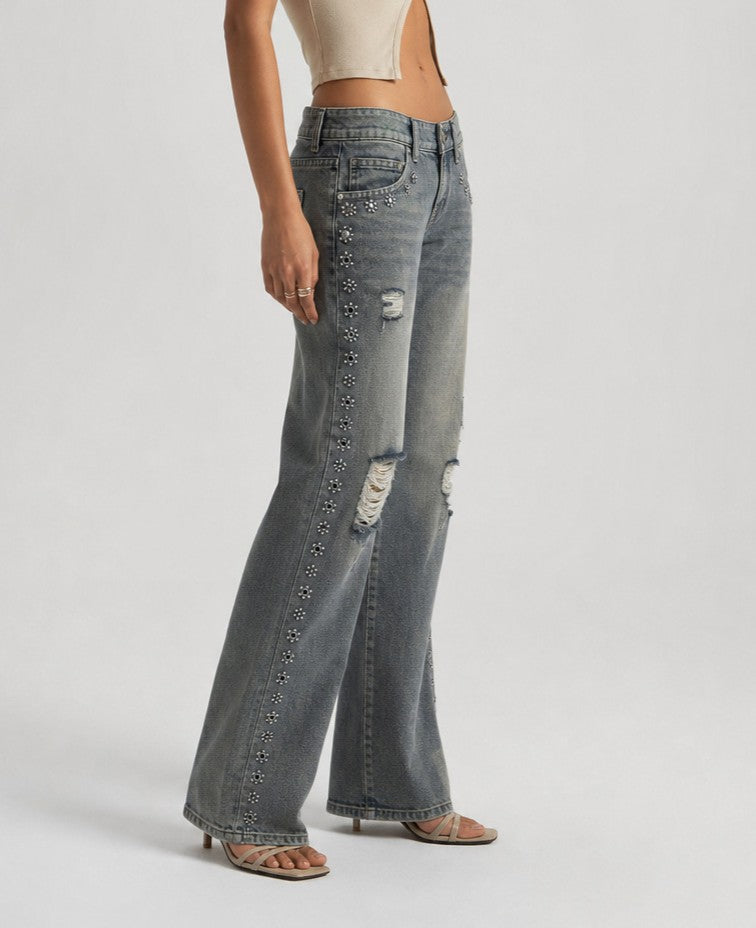 Distressed Low Rise Baggy Jeans with Faded Wash - Blue - 5