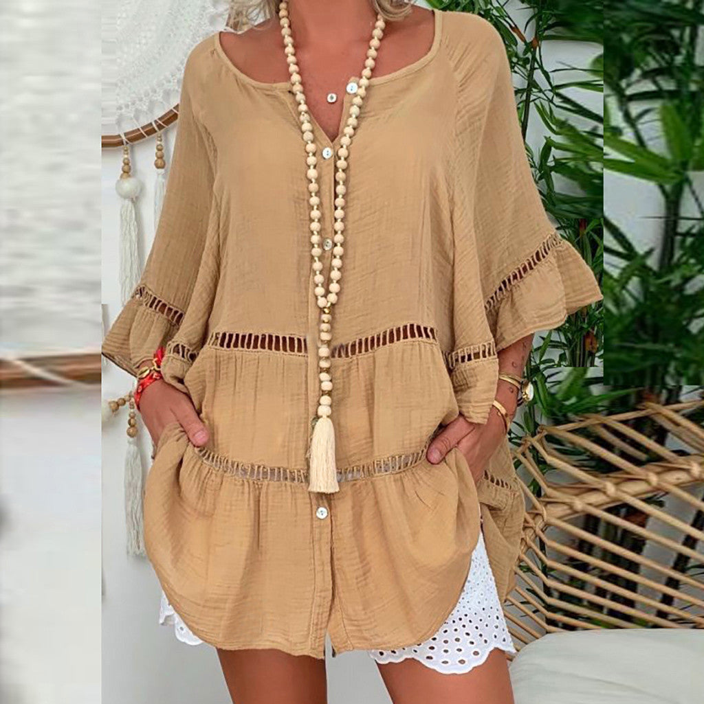Crochet Trim Tiered Tunic Mini Dress - Brown