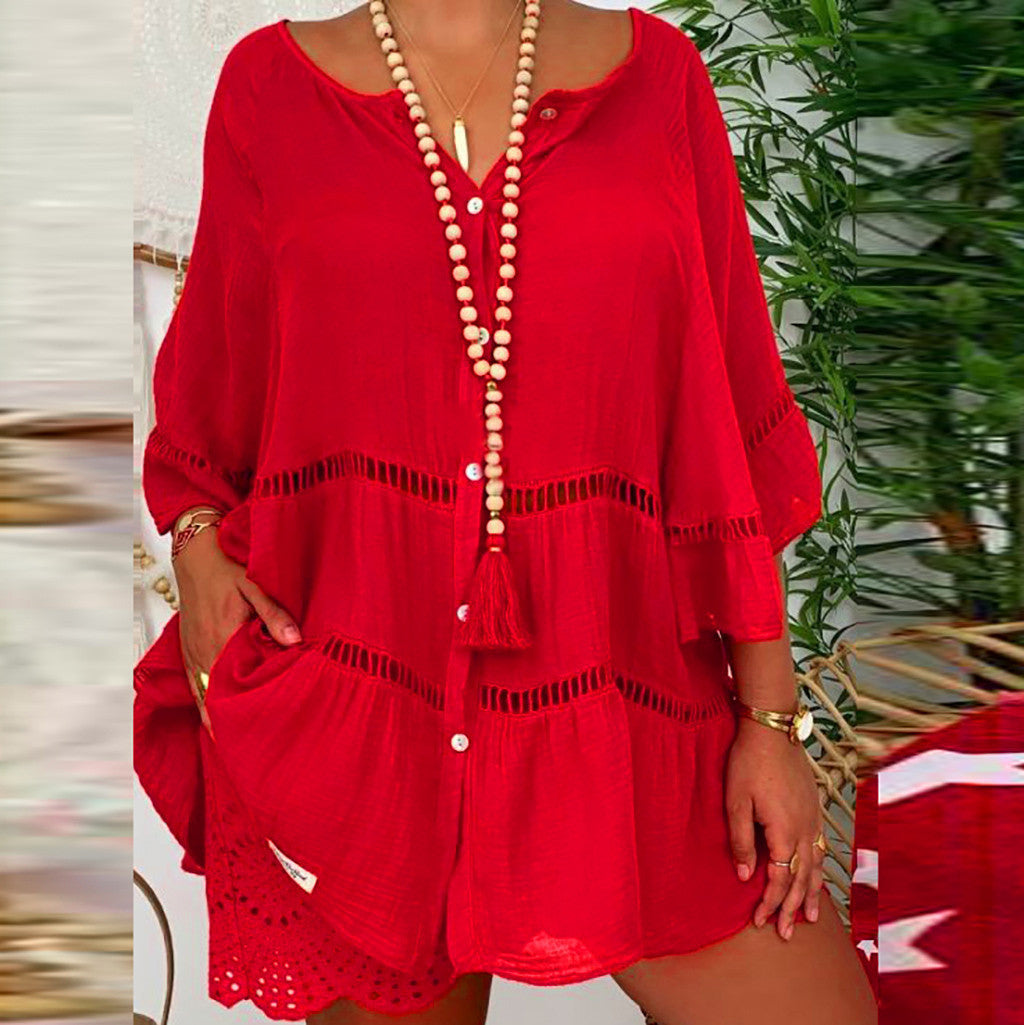 Crochet Trim Tiered Tunic Mini Dress - Red