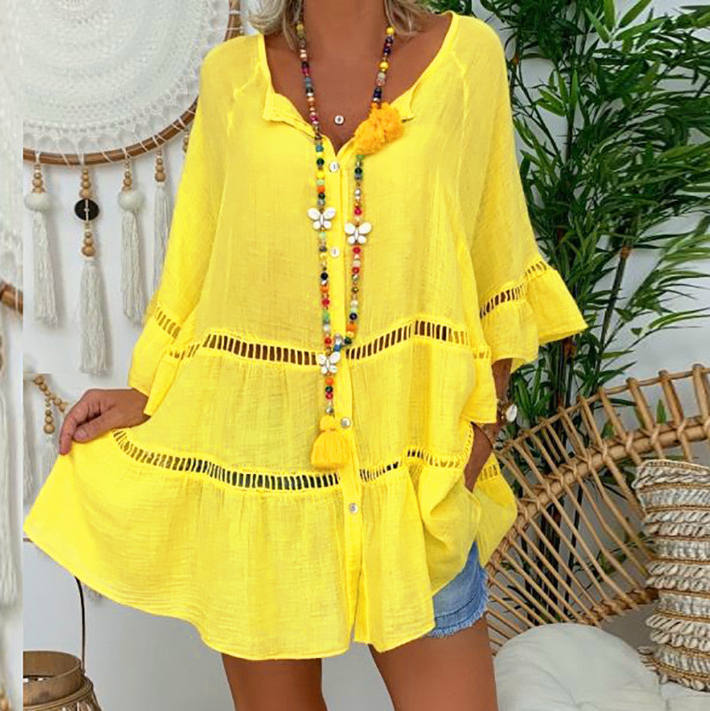 Crochet Trim Tiered Tunic Mini Dress - Yellow