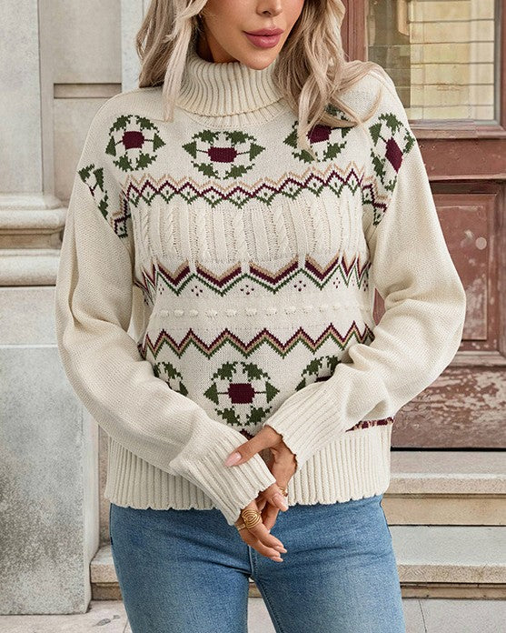 Folk Motif Turtleneck Sweater With Scalloped Hem - Off-White