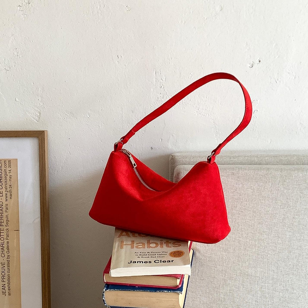 Faux Suede Slouchy Shoulder Bag - Red