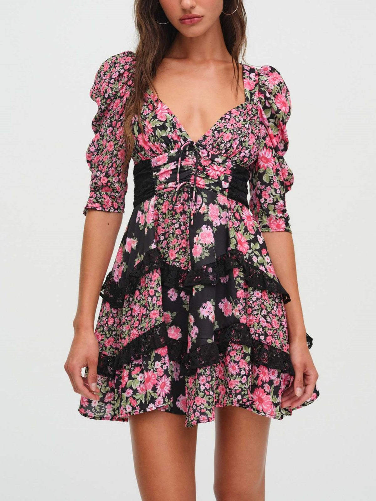 Puff Sleeve Tiered Ruffle Floral Mini - Black