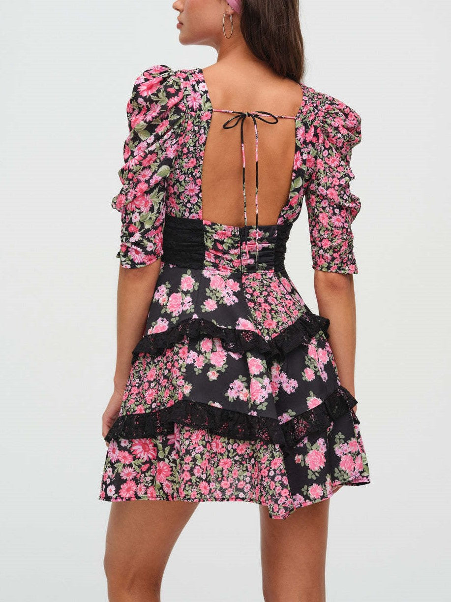 Puff Sleeve Tiered Ruffle Floral Mini - Black - 1