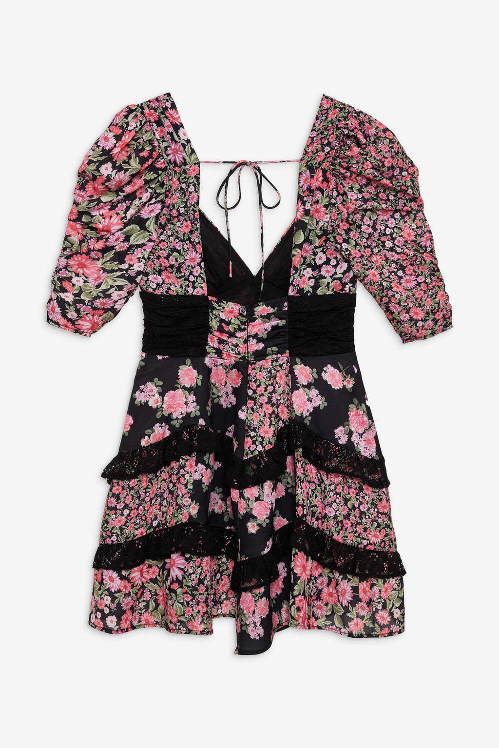 Puff Sleeve Tiered Ruffle Floral Mini - Black - 2