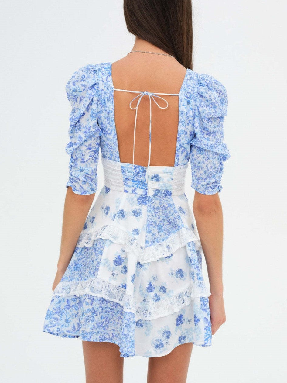 Puff Sleeve Tiered Ruffle Floral Mini - Blue - 1
