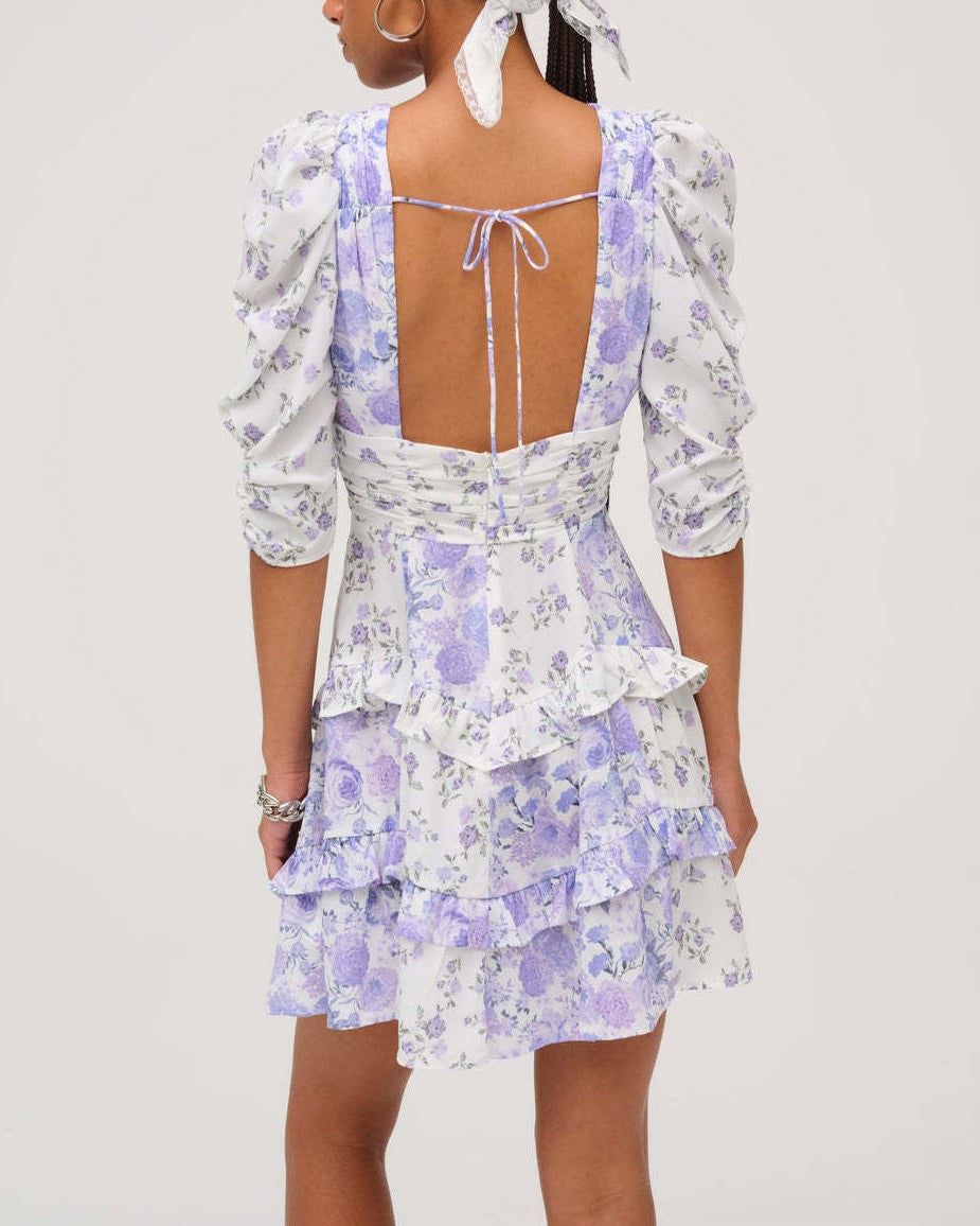 Puff Sleeve Tiered Ruffle Floral Mini - Lavender - 1