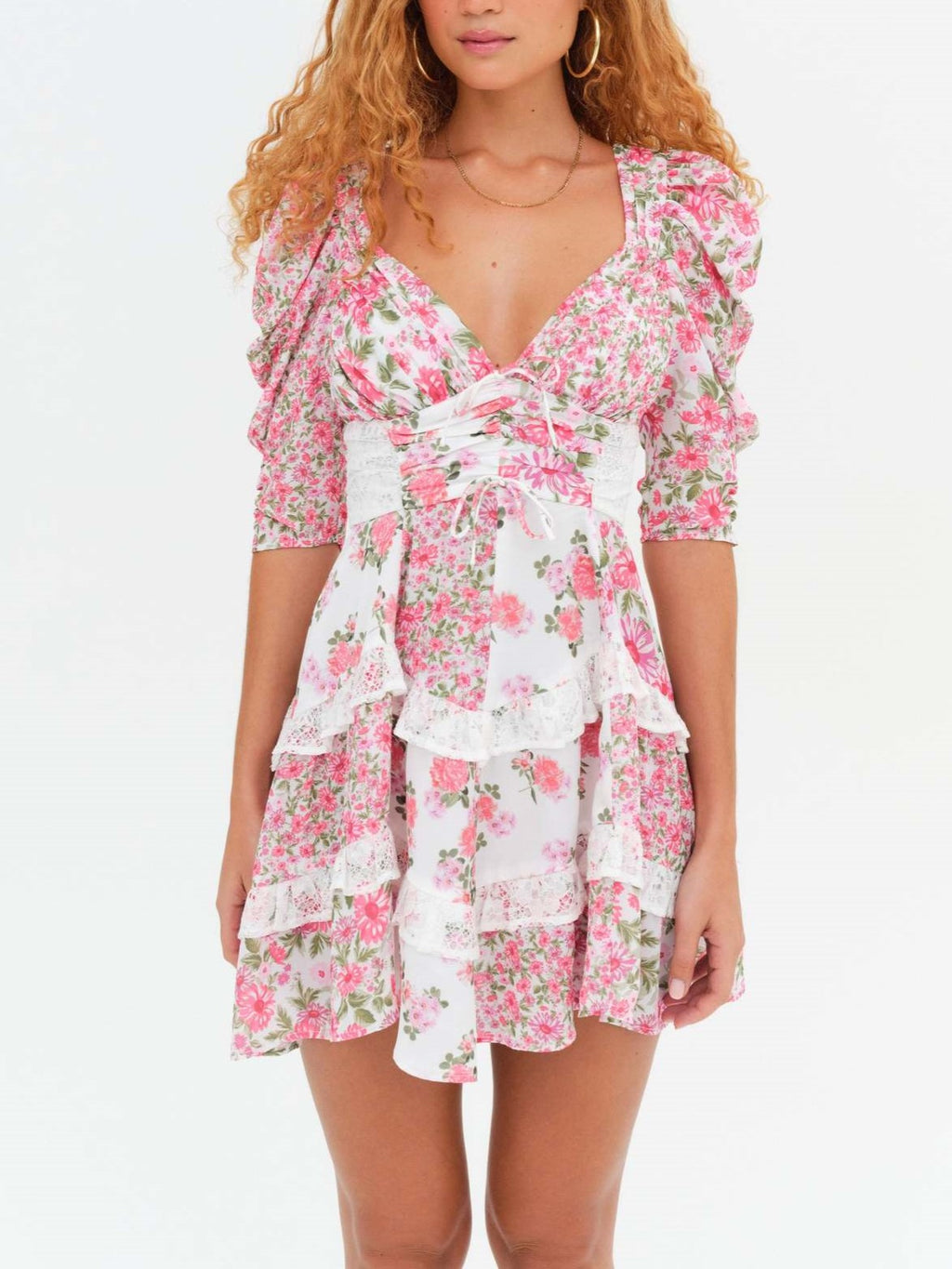 Puff Sleeve Tiered Ruffle Floral Mini - Pink