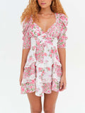 Puff Sleeve Tiered Ruffle Floral Mini - Pink
