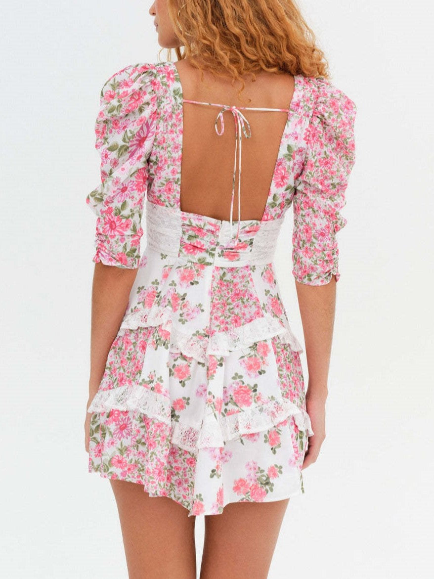 Puff Sleeve Tiered Ruffle Floral Mini - Pink - 1