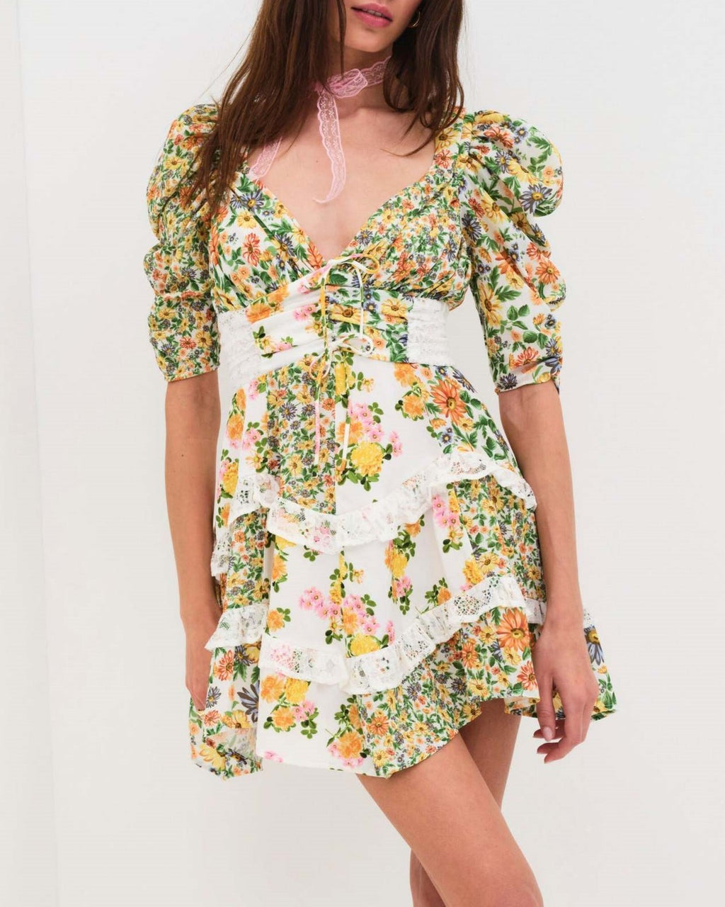 Puff Sleeve Tiered Ruffle Floral Mini - Yellow