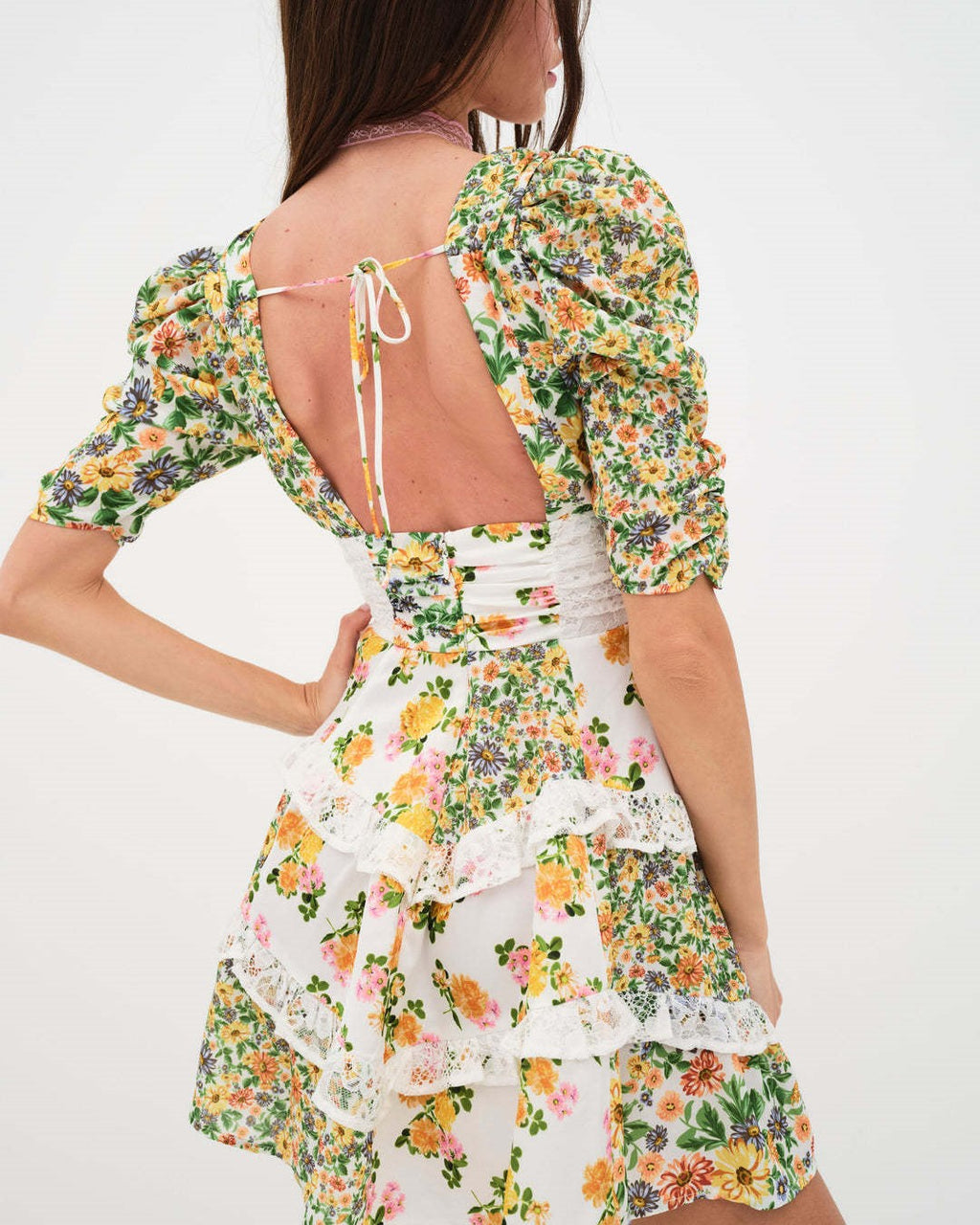 Puff Sleeve Tiered Ruffle Floral Mini - Yellow - 1