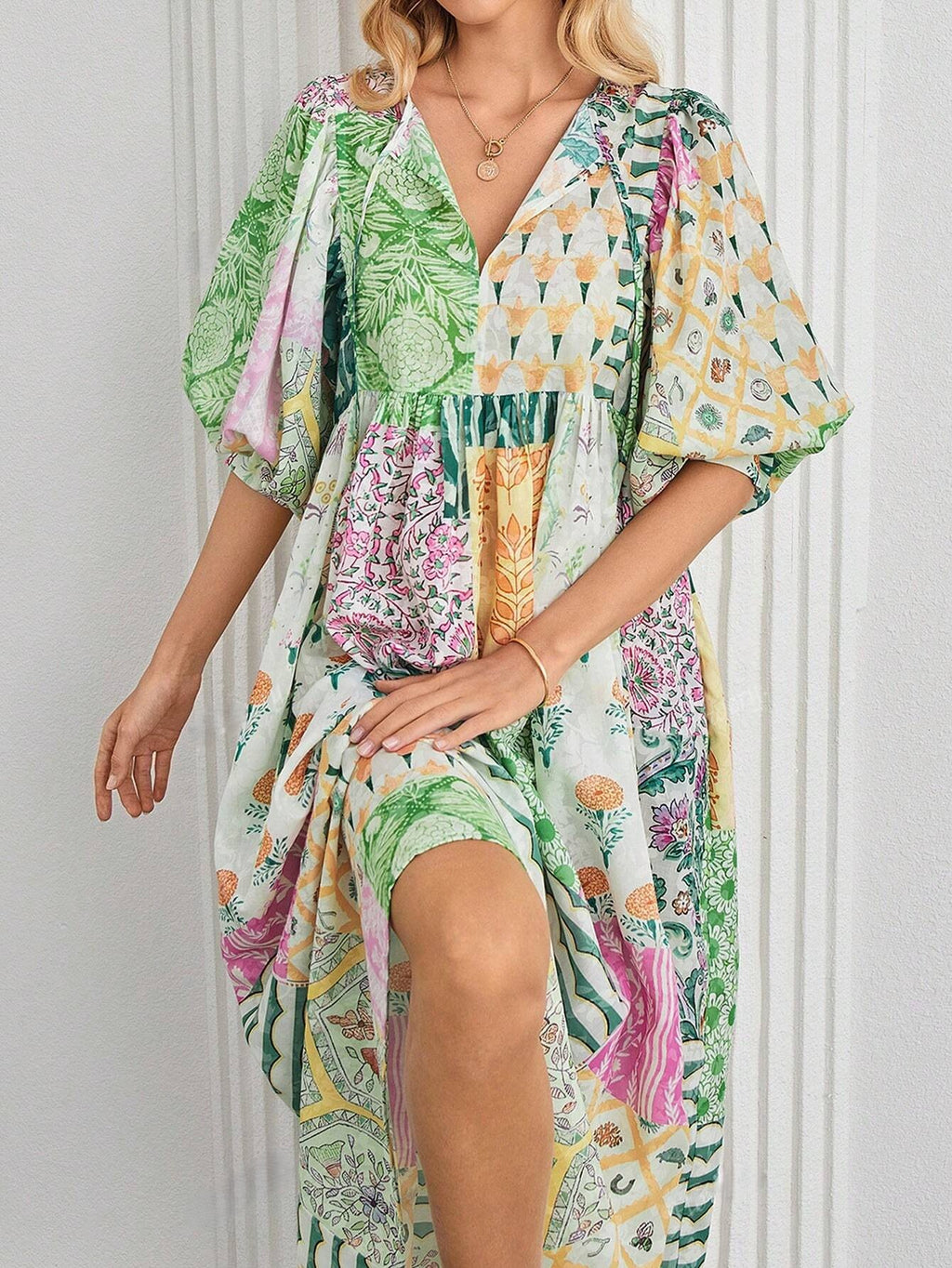Boho Patchwork Print Puff Sleeve Maxi Dress - Green
