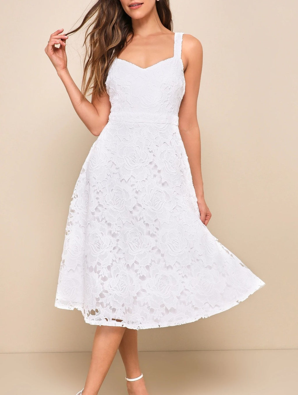 White Lace Sweetheart Flare Midi Dress - White