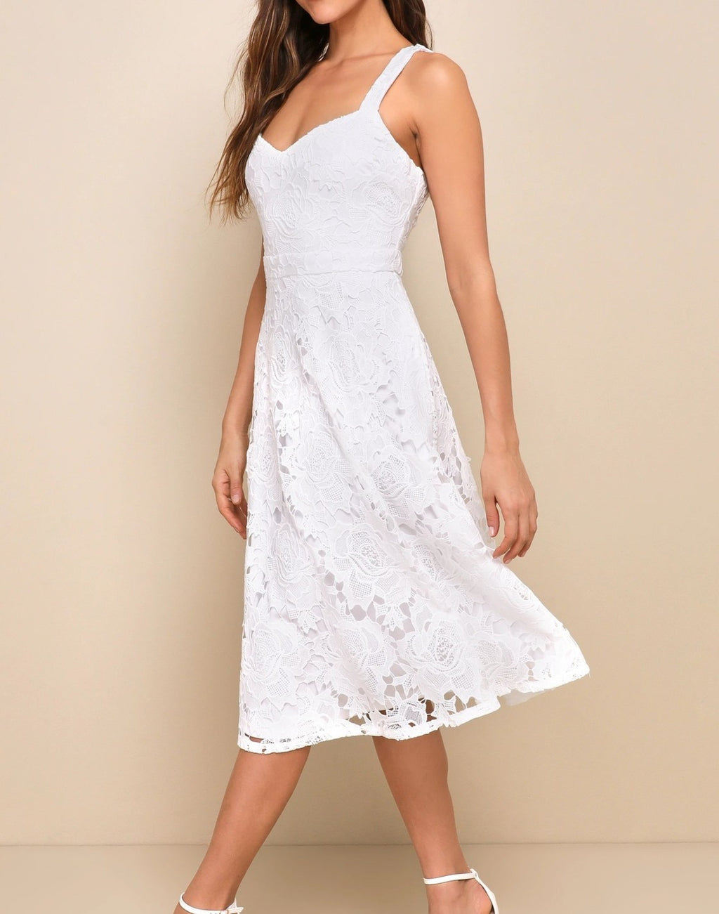 White Lace Sweetheart Flare Midi Dress - White - 2