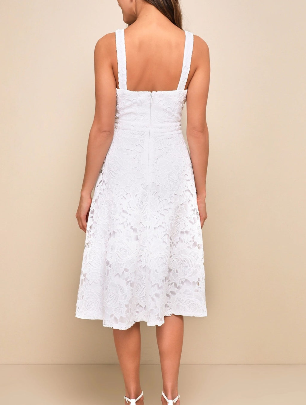 White Lace Sweetheart Flare Midi Dress - White - 3