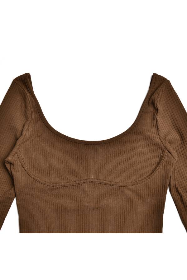 Seamless Ribbed Scoop Neck Bodysuit - Coffee - 6
