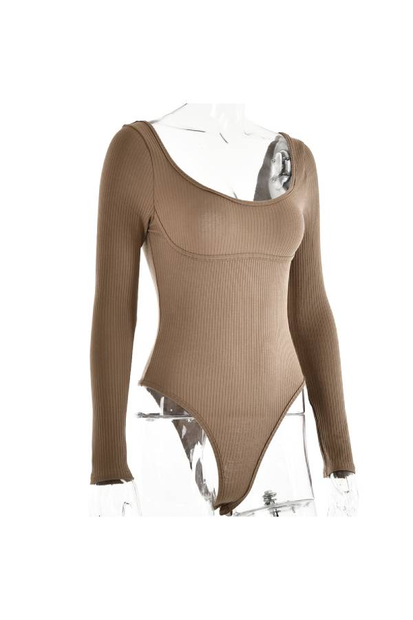 Seamless Ribbed Scoop Neck Bodysuit - Khaki - 3