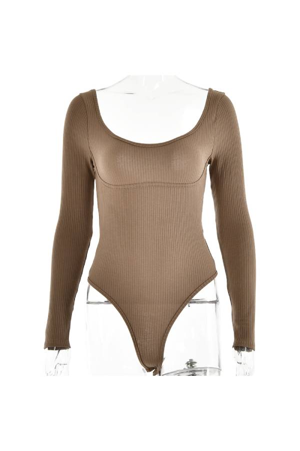 Seamless Ribbed Scoop Neck Bodysuit - Khaki - 4