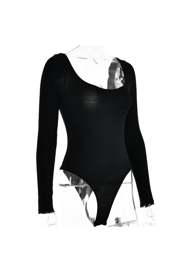 Seamless Ribbed Scoop Neck Bodysuit - black - 2