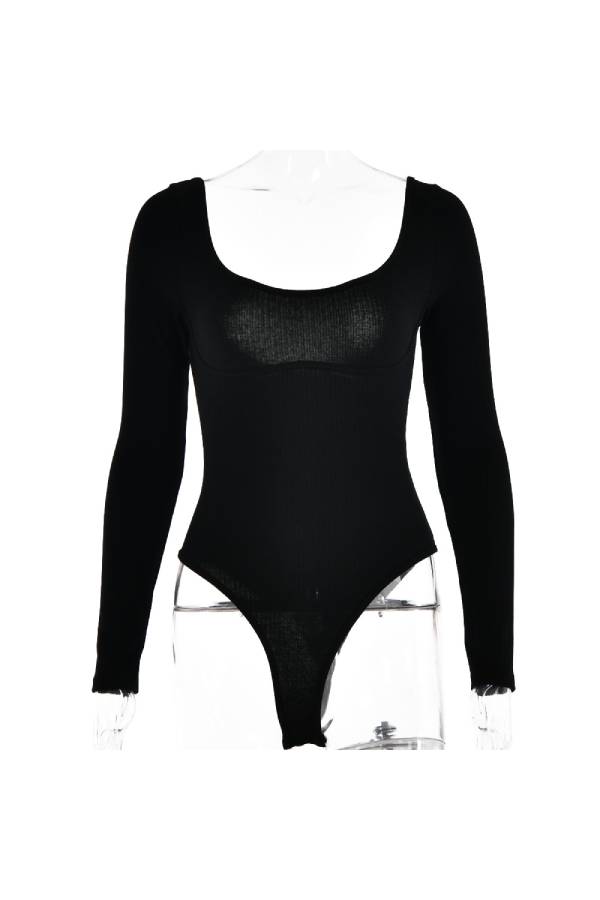 Seamless Ribbed Scoop Neck Bodysuit - black - 3