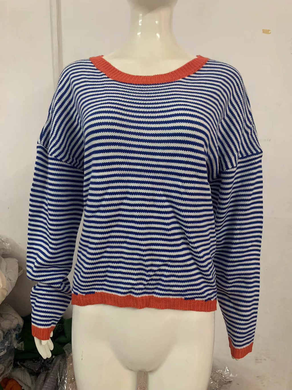 Fine Stripe Boxy Knit Top With Contrast Rib - Blue
