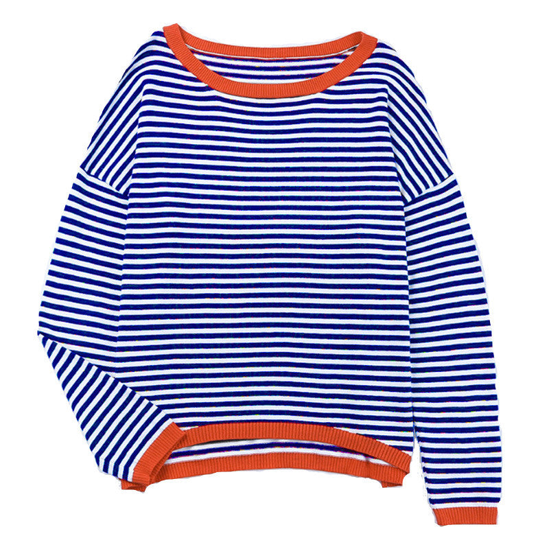 Fine Stripe Boxy Knit Top With Contrast Rib - Blue - 1