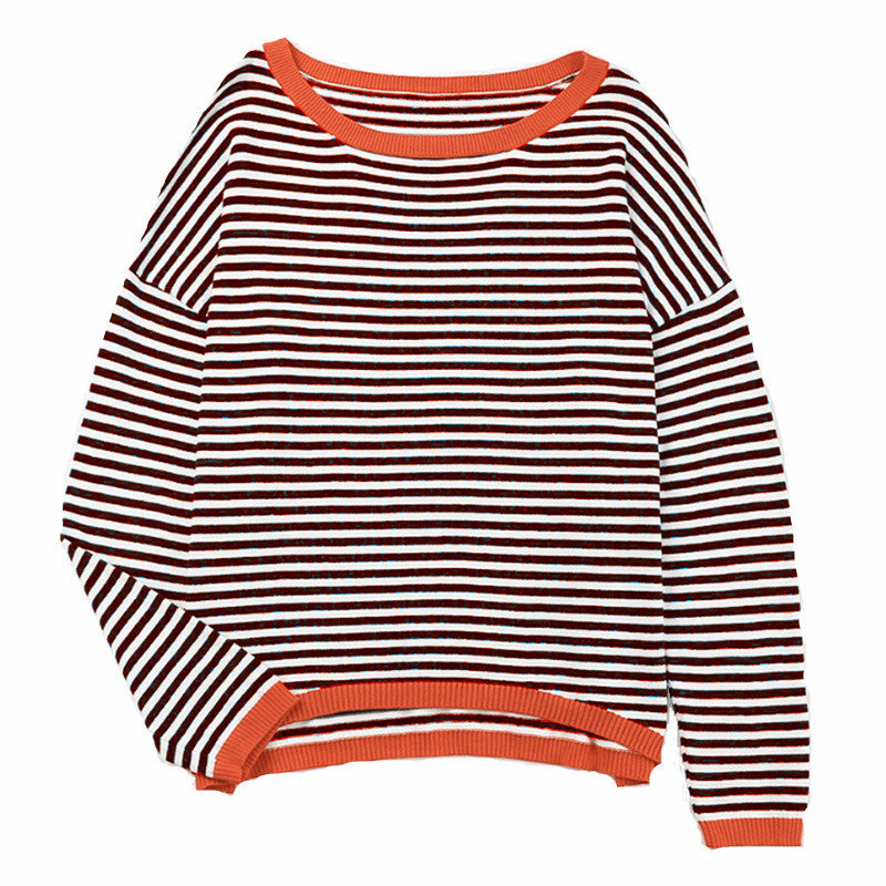 Fine Stripe Boxy Knit Top With Contrast Rib - Coffee