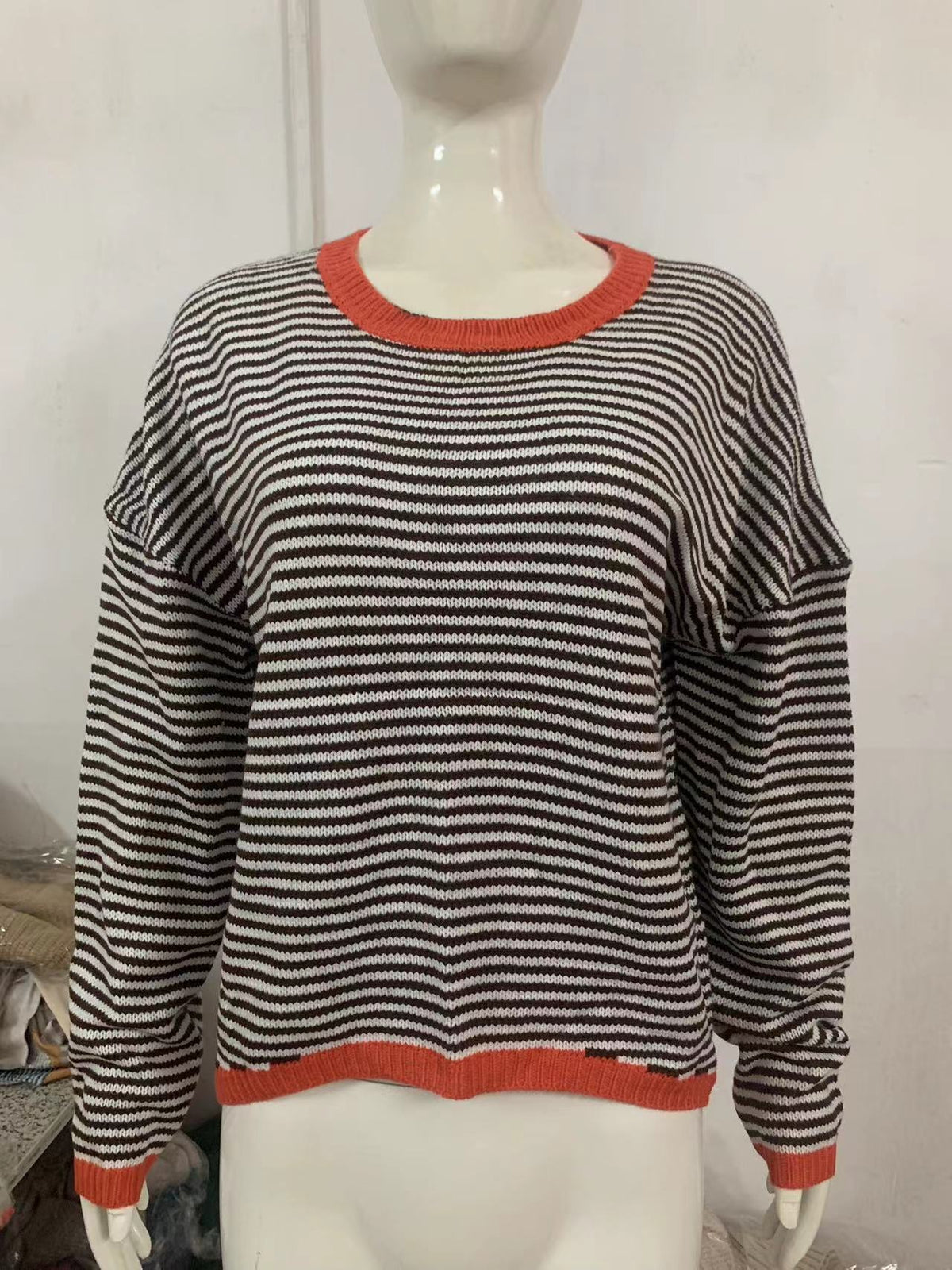 Fine Stripe Boxy Knit Top With Contrast Rib - Coffee - 1