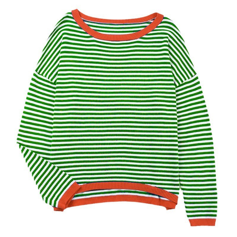 Fine Stripe Boxy Knit Top With Contrast Rib - Green