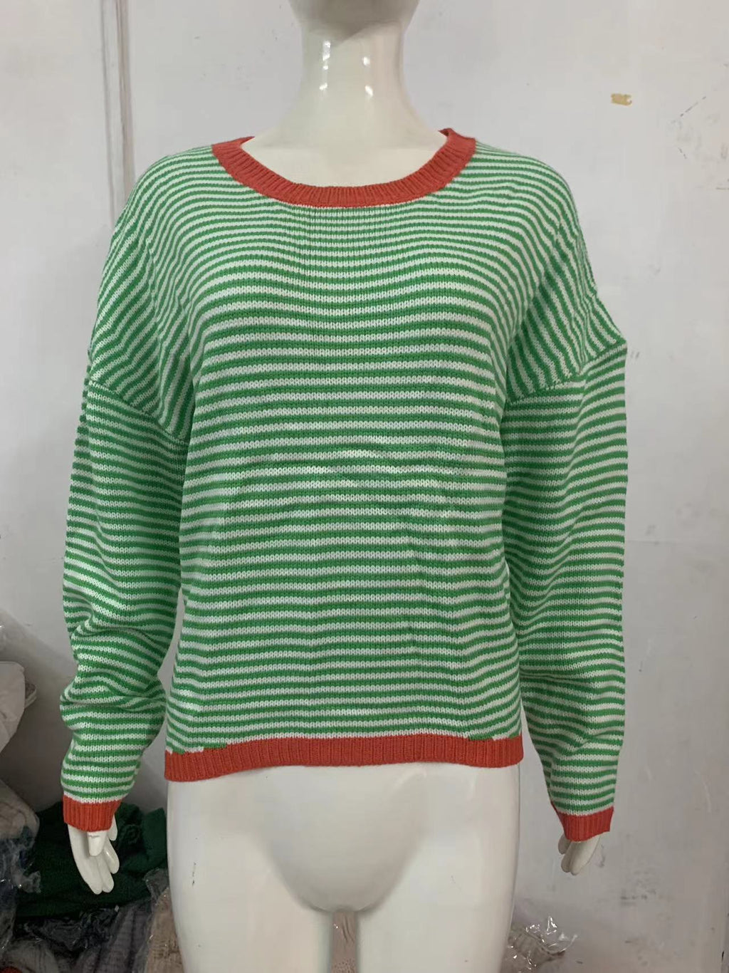 Fine Stripe Boxy Knit Top With Contrast Rib - Green - 1